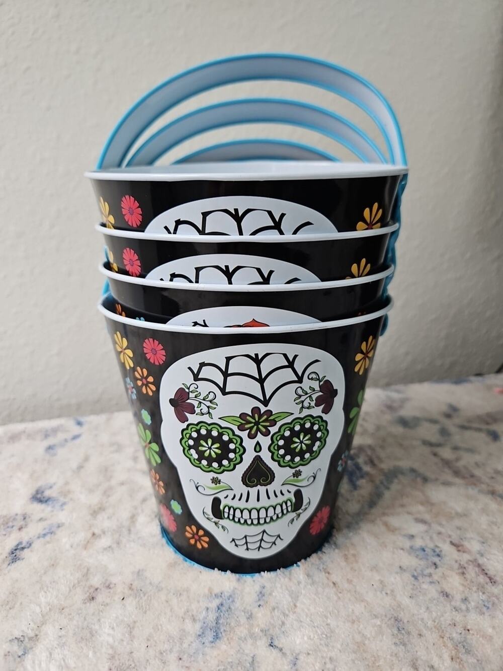 4 buckets - 8" Tall 5" Wide Halloween Day Of The Dead Skull Tin Pail Decoration